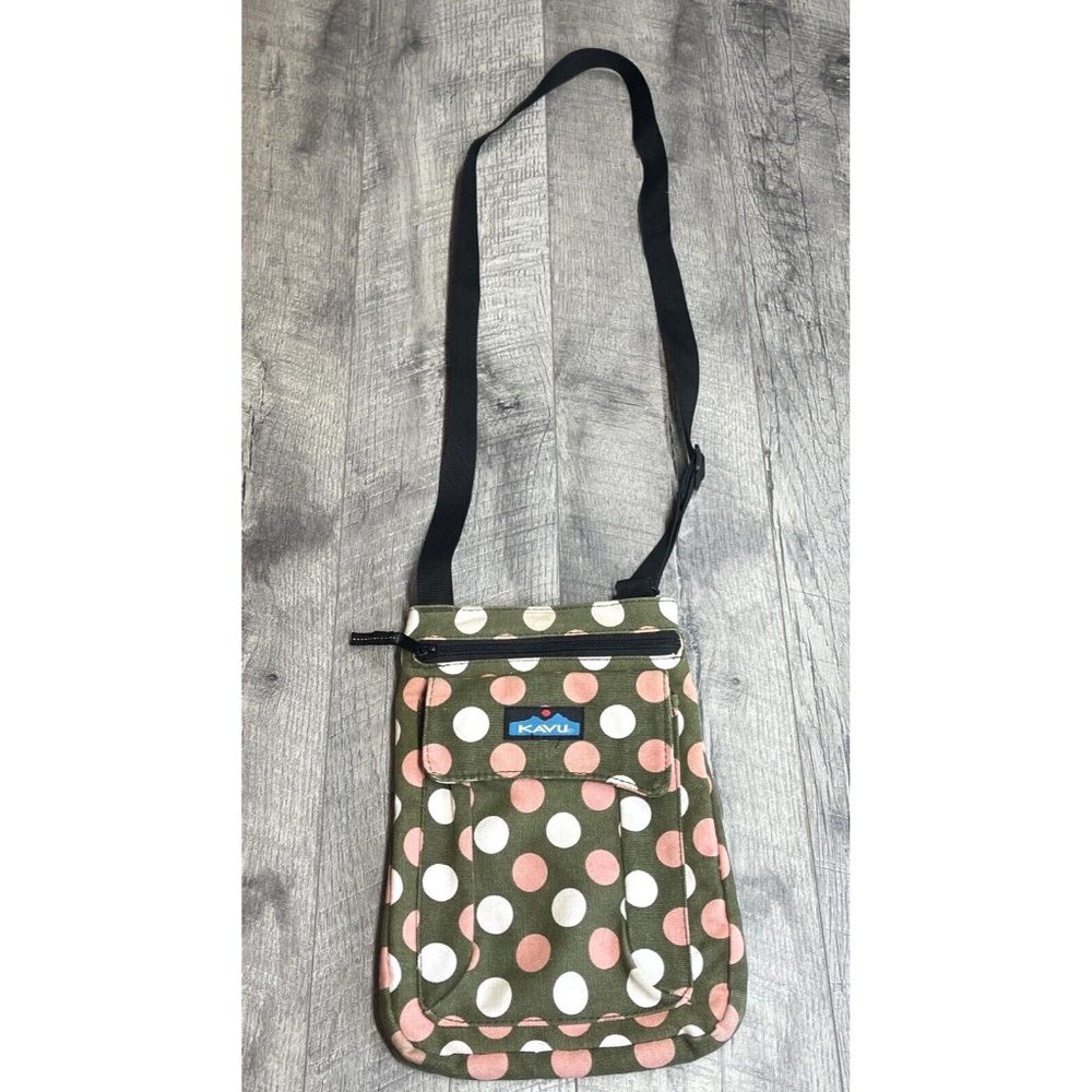 Kavu Keeper Crossbody Purse Green Polka Dots Adjustable‎ Strap Zip Pockets Hike